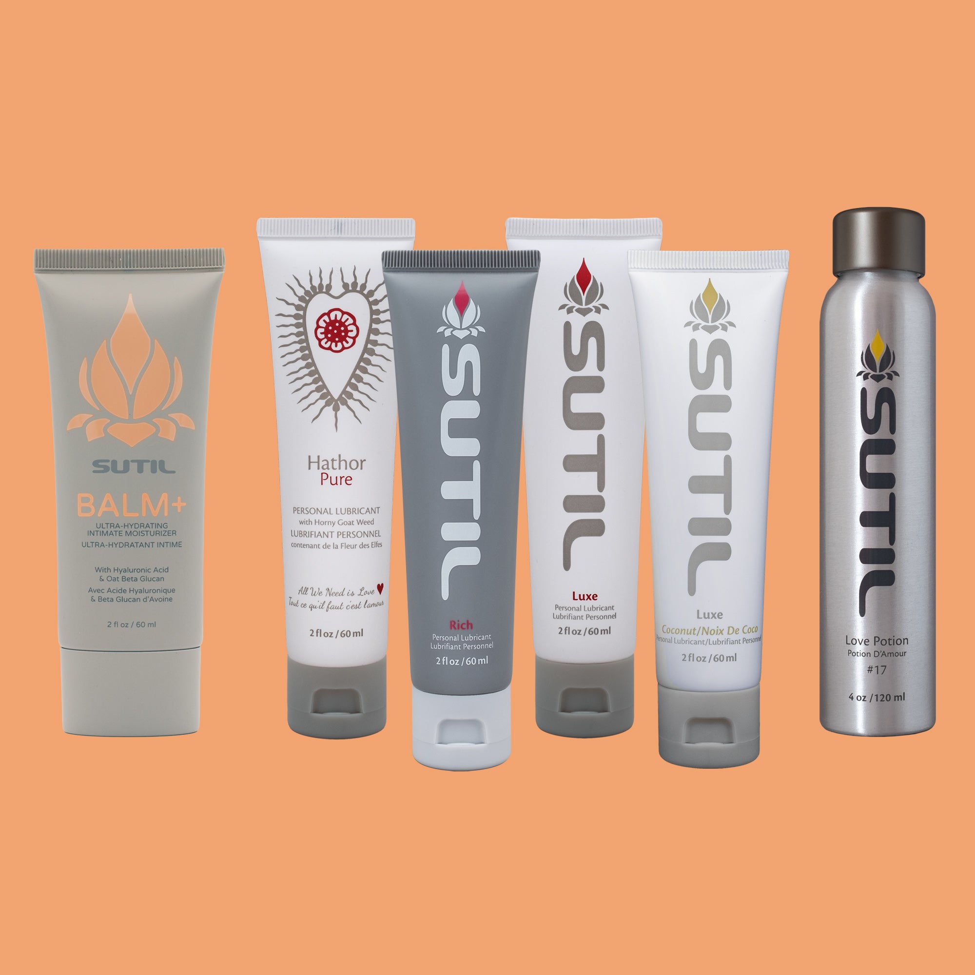 Collection of SUTIL products on an orange background