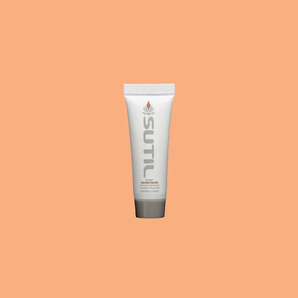 Mini Sutil Vanilla Lube displayed over an orange background